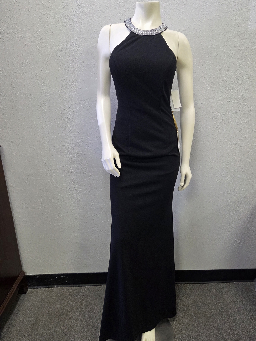 Black Halter Maxi Dress with Embellished Neckline